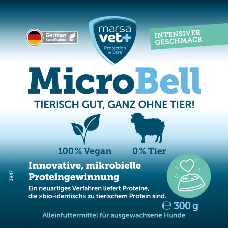 Marsavet Nourriture humide végétalienne pour chiens MicroBell avec protéine microbienne – 9 * 300 g – label